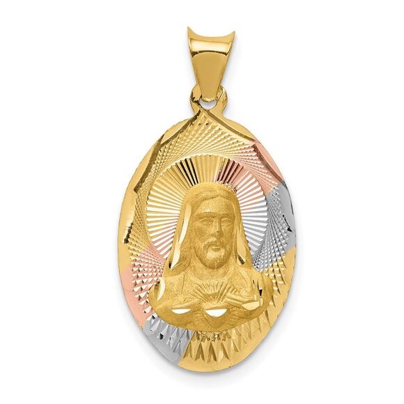 14k Yellow Gold w/Rose & White Rhodium D/C Sagrado Corazon Oval Pendant